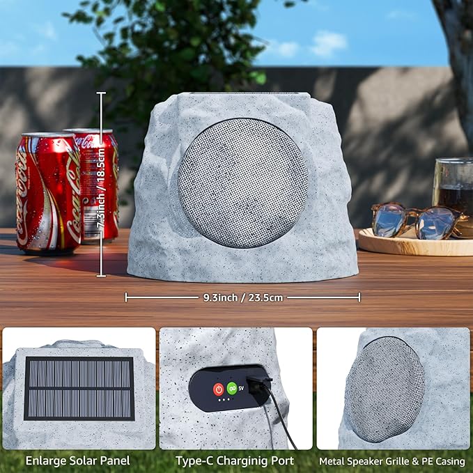 Rock Speakers Outdoor Water-Resistant IP44, Multi-Sync Up to 100 Speakers, Solar-Powered Rock Speaker with Light for Patio Garden Party Pool Deck Yard Outside