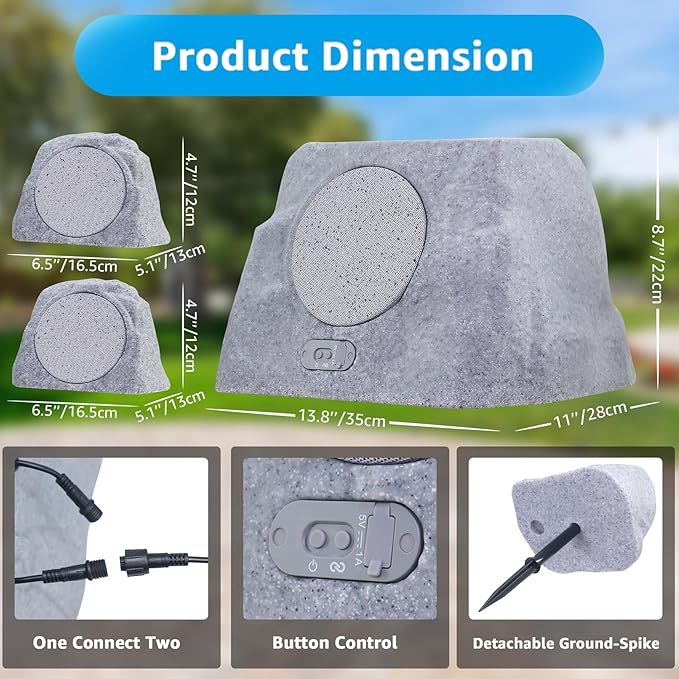 uuffoo 1-to-2 Solar Powered Rock Speakers Outdoor Water-Resistant IP44 Rock Speaker with Bass and USB Charging for Patio Pool Party Yard Garden Outside