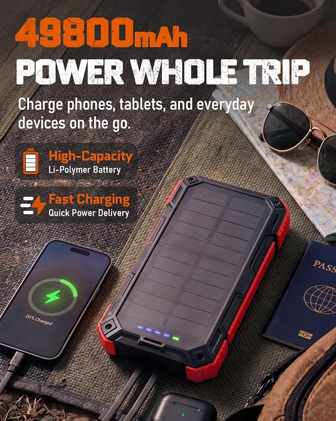 Solar Charger Power Bank - 49800mAh Solar Phone Charger with USB-C in/Output, QC 3.0 Fast Charging with LED Flashlight, Built-in 4 Cables, IP65 Waterproof Fits for Outdoor (Flash Red)