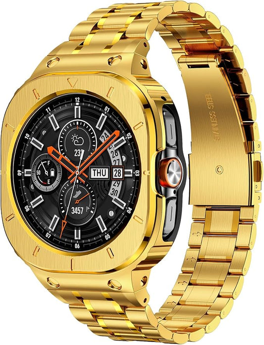 BAITEYOU Stainless Steel Bands with Case Compatible with Samsung Galaxy Watch Ultra 2/1 47mm (2025 2024), Rugged Protector Cover Metal Band for Galaxy Watch 7 8 Ultra for Men (Gold)