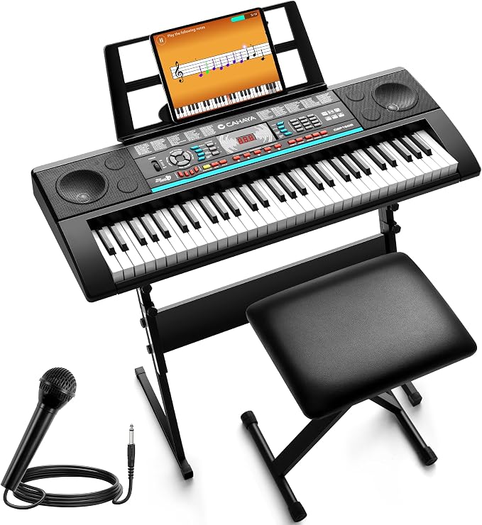 CAHAYA 61 Key Keyboard Piano – Electric Piano Set for Beginners with Stand & Stool, Microphone, Built-In Speakers, 128 Sounds & 128 Rhythms, Portable Electronic Keyboard