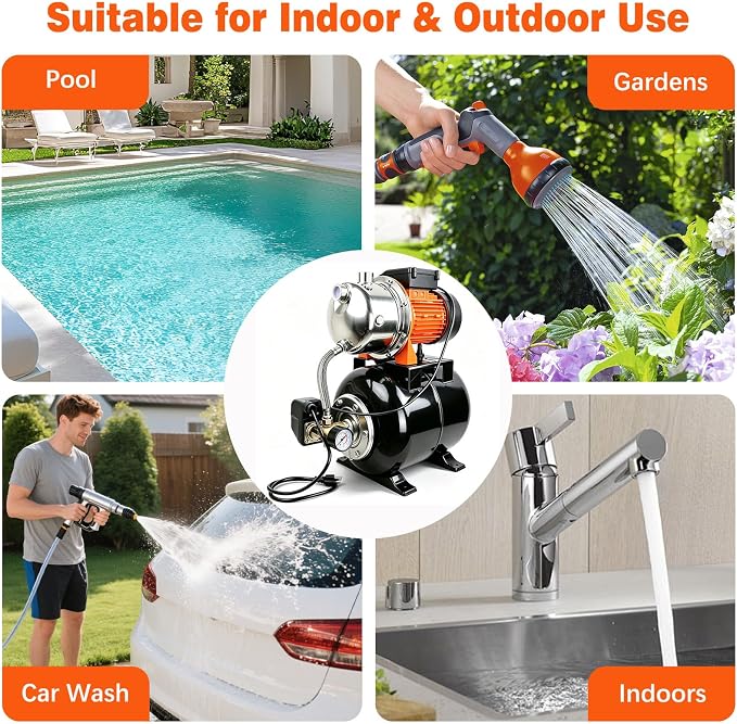 1 HP Shallow Well Pump with Pressure Tank, 1000 GPH, Automatic Irrigation Water Booster Pump with 130 ft Head Lift 20/40 PSI Pressure Switch 304 Stainless Steel Pump Head for Home Garden Lawn