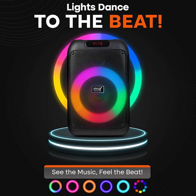 Pyle 100W Bluetooth Karaoke PA Speaker with 8 Inch Woofer, Echo Bass and Treble Control, USB SD Card FM Radio, Mic Input, LED Lights for Home Events and DJ Use