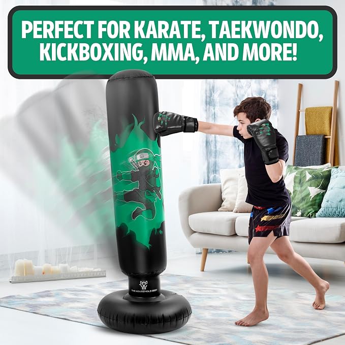 THB Punching Bag for Kids - Inflatable Punching Bag with Boxing Gloves for Kids Age 3-8, 63” Ninja Boxing Bag with Electric Air Pump to Practice Taekwondo, Karate, MMA, Bouncing Back