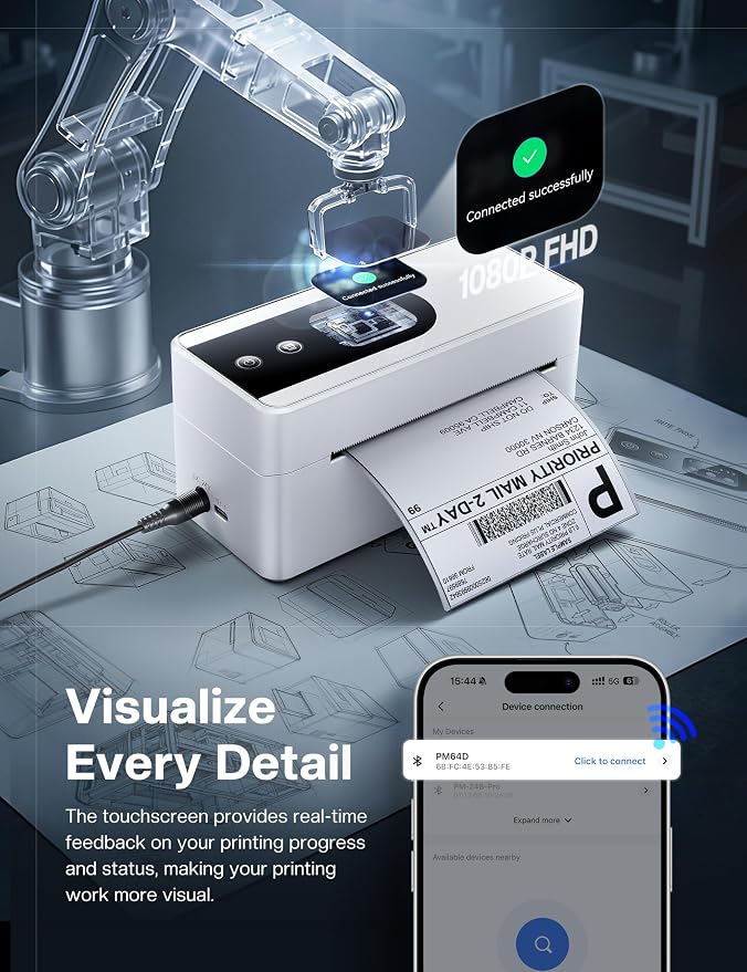 Phomemo 4x6 Shipping Label Printer with Touch Screen, Wireless Bluetooth Thermal Printer for Small Business & Packages, Compatible with Amazon Shopify UPS USPS, with 100 4X6 Thermal Labels