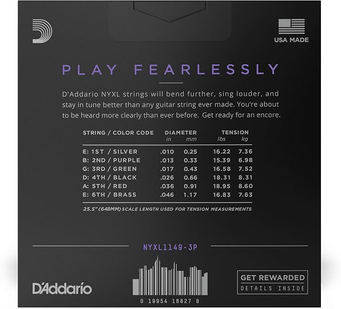 D'Addario Electric Guitar Strings, NYXL Nickel Plated, NYXL1149-3P, Medium Gauge 11-49, 6-String Set, Pack of 3
