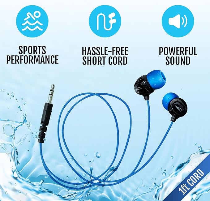 H2O Audio Surge S+ Waterproof Sport Headphones, (Short Cord Design) – in-Ear Sweatproof Earbuds for Swimming, Running, Cycling – IPX8 Waterproof, Compatible with iPods & MP3 Players