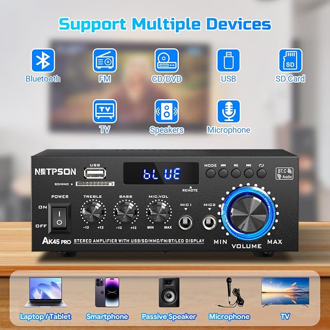 AK45 Bluetooth Stereo Receiver Amplifier,800W Home Audio Amp with FM Radio,USB/SD Inputs Remote Control, Wireless Power Amplifier for Home Theater Speakers,Karaoke,Garage Bookshelf Speakers