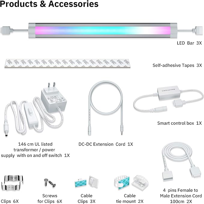 LED Smart Under Cabinet Ligts RGB Multi Color Compatible with Alexa, Google Home Voice Controlled Under Counter Strip Light App Control (3 Lights Bar Kit)