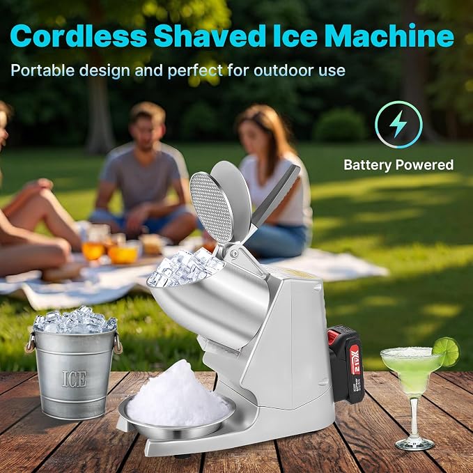 Portable Cordless Ice Shaver Machine, 178Ibs/h Dual Blade & Single Battery | 180W Battery Powered Ice Crusher Machine for Home Use &Outdoor (Backyard & Patio), Extra Blades & Ice Pick, Silver