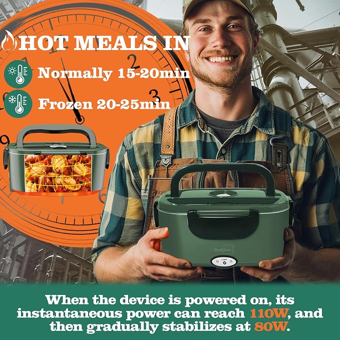 Buddew Electric Heated Lunch Box, 80W Fast Heating, 1.5L Food-Grade 304 Stainless Steel, 12V/24V/110V Portable Food Warmer for Car Truck Office Adults, Lonchera Electrica Portatil (Dark Green)