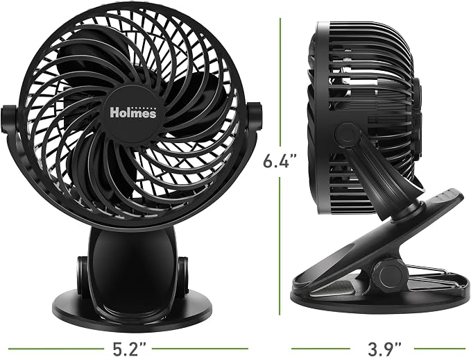 Holmes 4” On-The-Go Personal Fan with Clip – 3 Speed Settings, 360° Rotation, Rechargeable Battery, USB-C Charging, Compact & Portable Design, Black – Ideal for Desks & Personal Spaces