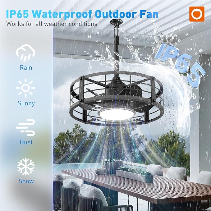 addlon 20 Inch Outdoor Ceiling Fans with Lights, IP65 Waterproof Plug in Caged Hanging Fan for Gazebo, Remote Control, 3 CCT, 6 Speeds Reversible Outdoor Fan for Patio, Pergola, Porch