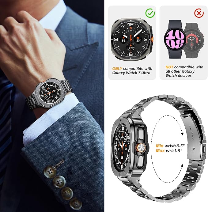 SUPLINK Stainless Steel Case and Bands Compatible with Samsung Ultra Watch Band Men (2025/2024), Rugged Protective Case Bumper Adjustable Metal Bands for Galaxy Watch Ultra 47mm,Space Grey