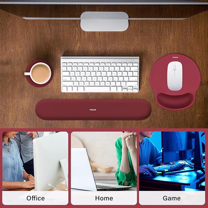 MOSISO Wrist Rest Support for Mouse Pad&Keyboard Set, Circle Curved Ergonomic Mousepad&Coaster Non-Slip Base Home/Office Pain Relief&Easy Typing Pad with Soft Cloth&Silicone Lining, Wine Red