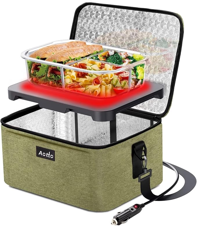 Aotto Heated Lunch Box Food Warmer - 12V/24V 2-in-1 Car Food Warmer with Vehicle Plug - Mini Portable Electric Lunch Box Heater for Men and Women - Reheat & Keep Meals Warm On the Go - Green
