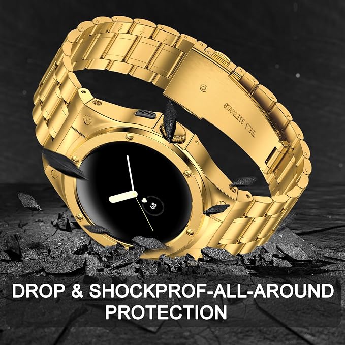 SUPLINK Stainless Steel Case & Band Compatible with Google Pixel 2 Watch Band, Metal Strap with Pixel 2 Watch Case Men Woman, Gold