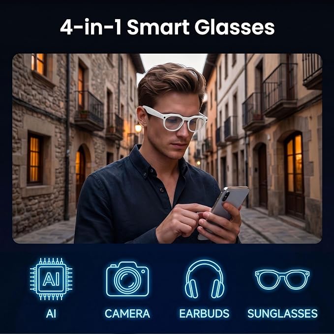 AI Smart Camera Glasses, 1080P HD POV Video Recording and Translator, Object Recognition, Bluetooth Audio for Music Calls, 290mAh Battery, Photochromic Lenses for Vlog, Travel and Work