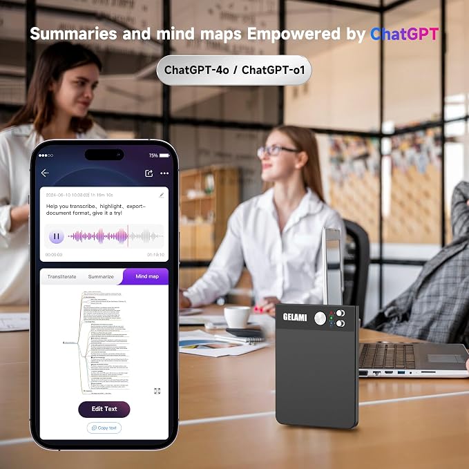 AI Smart Recorder with Simultaneous Interpretation & Real-timeTranscription,64GB AI Speech Processor Powered by ChatGPT with App Control for Business/Education/Interviews (Black)