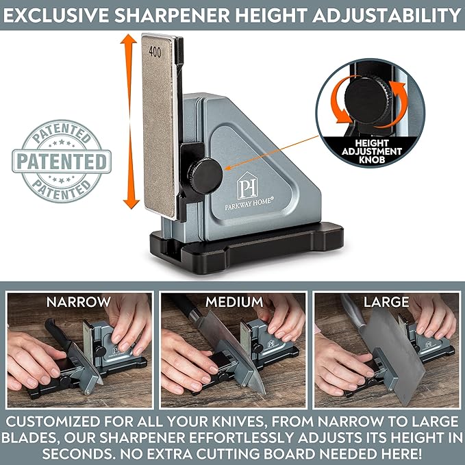 PATENTED ORIGINAL ADJUSTABLE ROLLING KNIFE SHARPENER KIT: Adjustable Height, 30 Angle Options, 5 Removeable Whetstone Plates, Leather Strop with Travel Case - Kitchen Knife Sharpener