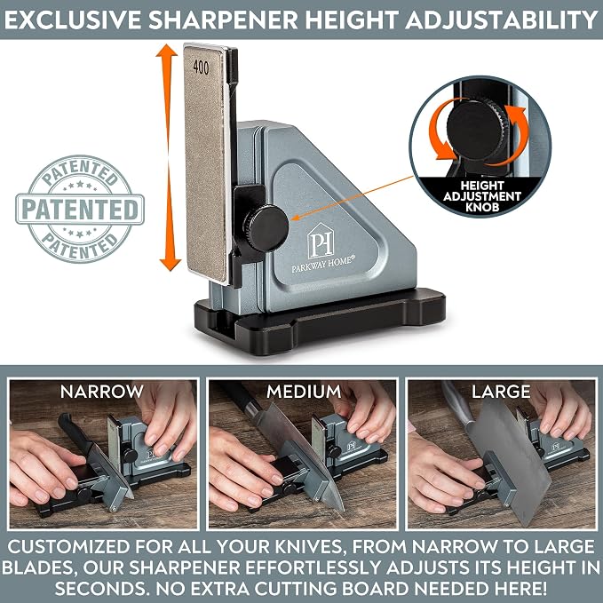 PATENTED ORIGINAL ADJUSTABLE ROLLING KNIFE SHARPENER KIT: Adjustable Height, 10° to 40° for 30 Angle Options, Removeable Diamond Plates with Travel Case - Kitchen Knife Sharpener