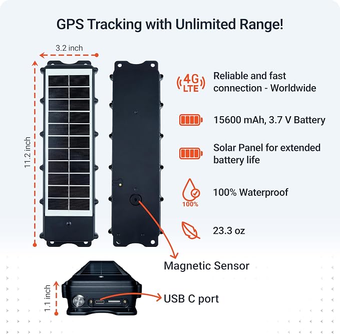 PAJ GPS Solar Tracker with 3 Month Subscription Included, 4G Real-Time GPS Tracker for Vehicles, Anti-Theft Tracking Device with Solar Panel, Waterproof, Long Battery Life