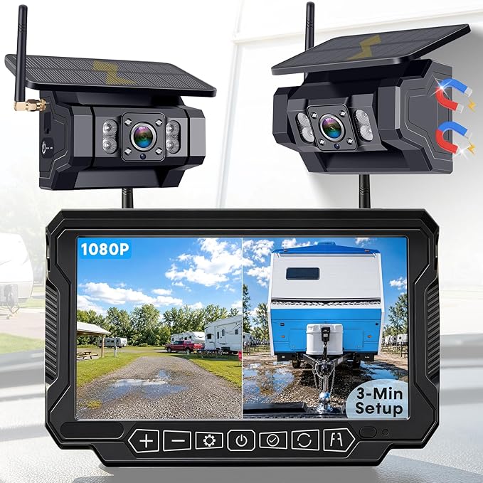 Dual Magnetic Backup Camera Wireless: Monitor 2 Areas at Once, Check Interior Hitch or Rear View While Driving & Reversing – 3-Min Setup, 7" 1080P Monitor with 20lb Magnetic Camera for RVs & Trailers