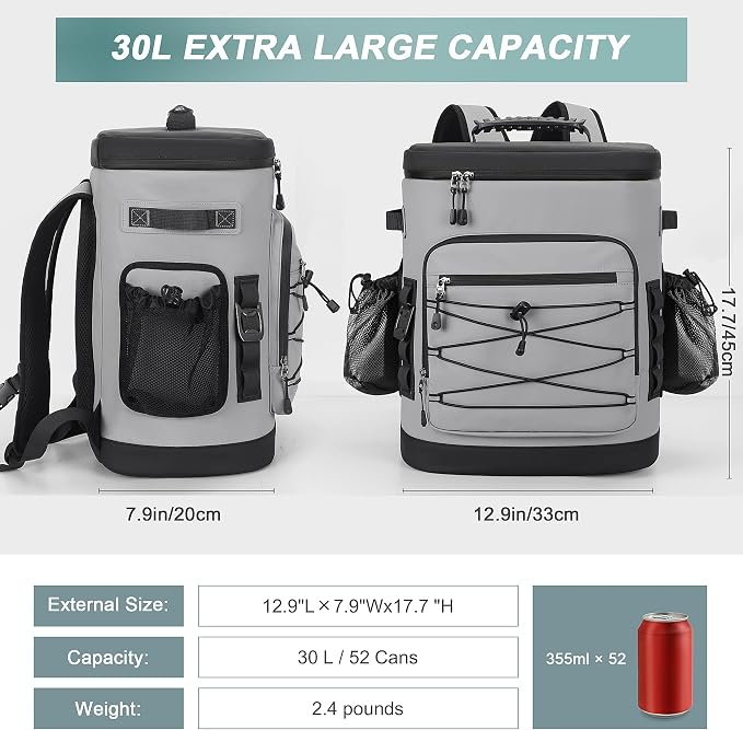 Large 52cans Cooler Backpack, Insulated, Waterproof, Leak Proof, 30L Large Capacity