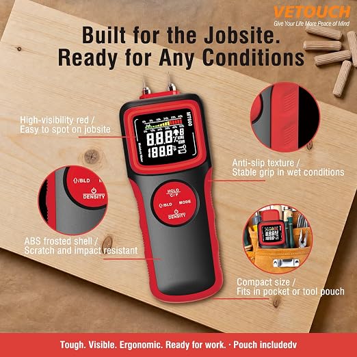 2 in 1 Pin & Pinless Wood Moisture Meter, Digital Moisture Detector with LCD Display & Alarm, Temperature Humidity Tester for Wood, Building Materials, Firewood, Walls, Floors, Home Renovation
