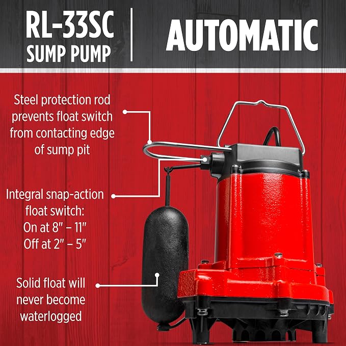 Red Lion RL-33SC 1/3 HP, 115-Volt, 3420 GPH Cast Iron Sump/Effluent Pump with Snap-Action Float Switch, Red, 14942652