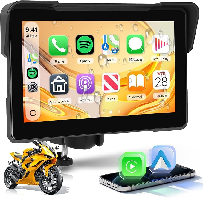 7" Motorcycle Wireless CarPlay GPS Navigation System, Android Auto Portable CarPlay Screen for Motorcycle, Dual Bluetooth Car Play Moto, Si-ri, Goo-gle Assistant, EQ, IP67 Waterproof Moto Screen