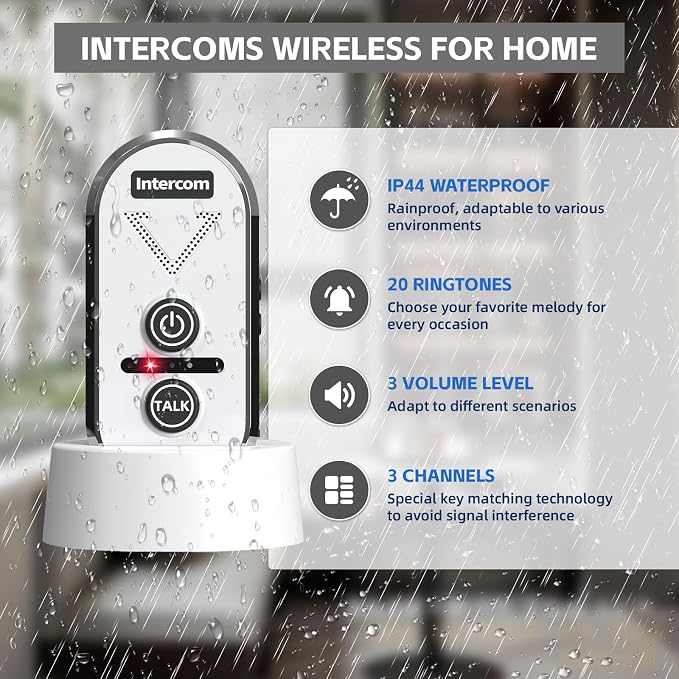 Intercoms Wireless for Home, 2 Way Intercom Communication 4900ft Long Range,Room to Room Intercom Wireless with 3 Volume Levels,20 Chimes Home Intercom System for Indoor Outdoor Use