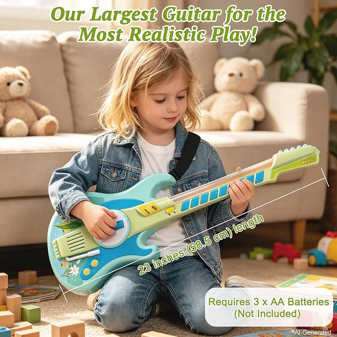 Sealive Kids Electric Guitar Toy for Toddlers 3-5, 23 Inch Childrens Guitar | with Strap for Play Guitar, Pretend Concerts, Stage Performance, with Strumming Bar, Tremolo Bar, Light Up Music, Blue