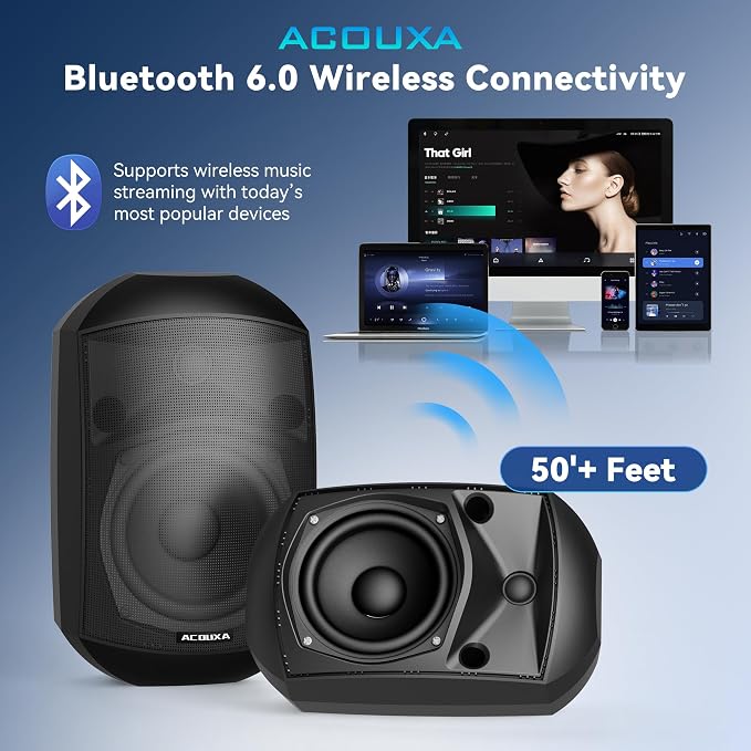5.25 Inch Wall Mount Bluetooth 6.0 Outdoor Speaker,IP66 Waterproof Indoor/Outdoor Sound System,2-Way Woofer & Tweeter,600W Peak Wired Speakers for Pool,Patio,Garage,Home Theater(Pair,Black)