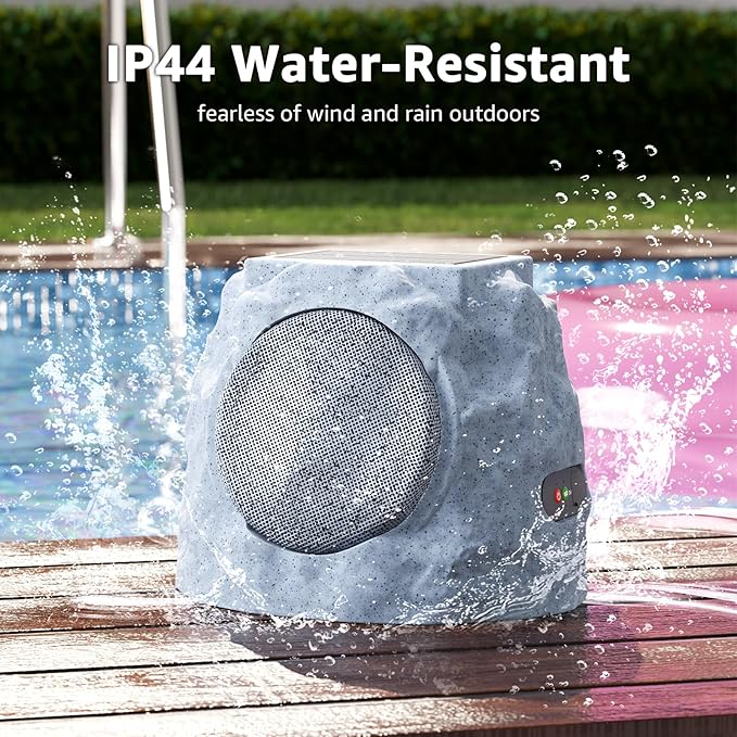 Rock Speakers Outdoor Water-Resistant IP44, Multi-Sync Up to 100 Speakers, Solar-Powered Rock Speaker with Light for Patio Garden Party Pool Deck Yard Outside