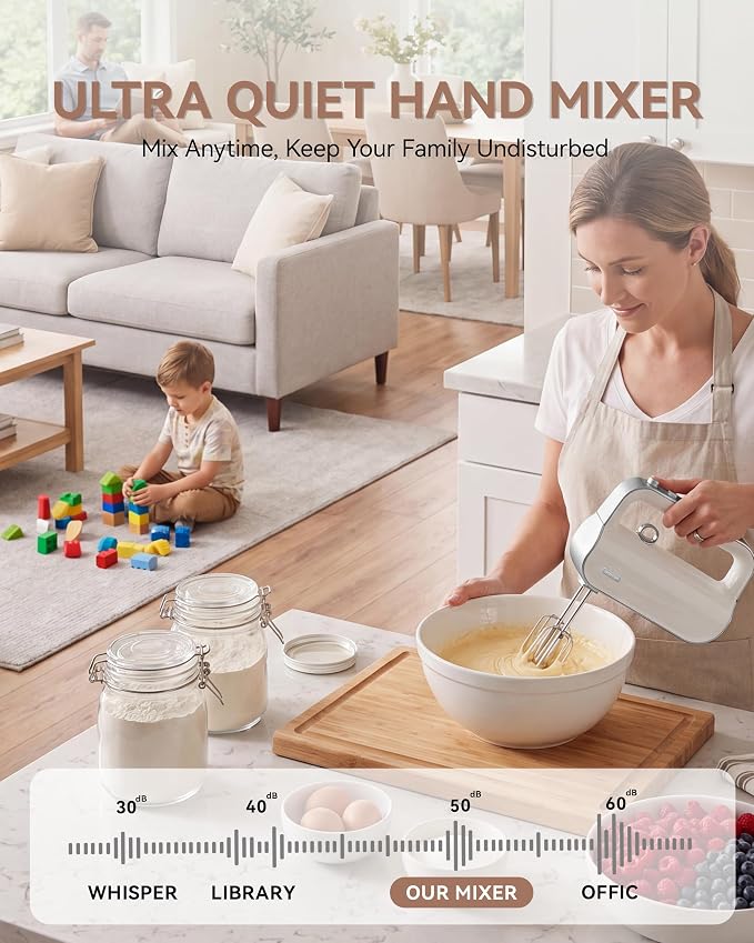 Master 4-in-1 Electric Hand Mixer with Turbo Boost, Stainless Steel Whisk, Beaters, Dough Hooks & Milk Frother, Lightweight Handheld Mixer for Baking & Coffee, Light Olive Green