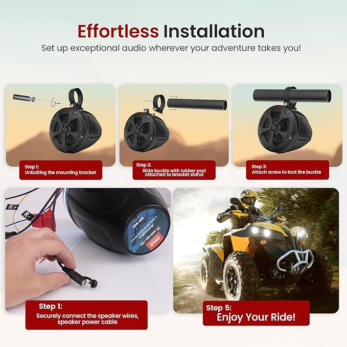 Pyle 4" Off-Road Bluetooth Waterproof Speakers -800W Peak Power Amplified Speaker System for ATV/UTV, Golf Cart, Boat, Aux Input Jack, for use w/All 12V Vehicles - PLUTV43BTA, Black