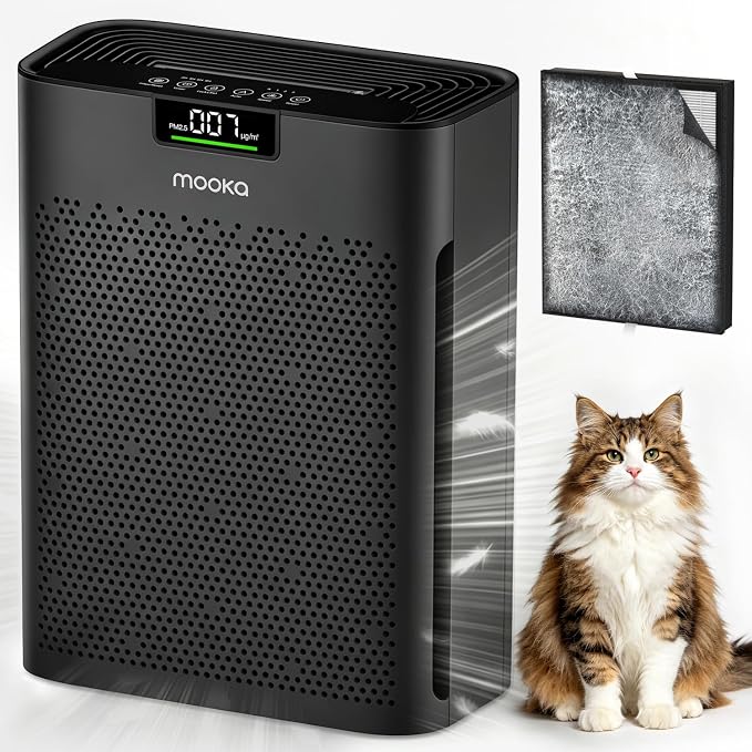 Air Purifier for Home Bedroom Large Room 2200 Ft², MOOKA H13 HEPA Air Cleaner with Washable Pre-filter, Air Quality Monitor, Air Purifiers for Pets Hair Smoke Dust Pollen, Auto Mode, KJ190H Black