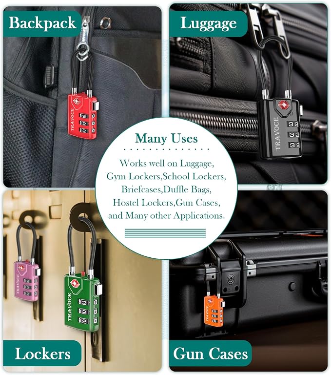Search Alert TSA Approved Travel Combination Luggage Cable Locks for Suitcase, Gym Locker,Toolbox,Backpack 1,2,4,6 &10 pk (Three Colors)