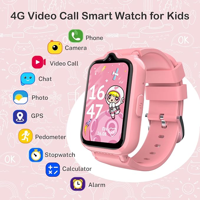 4G Kids Smart Watches Girls | GPS Watch for Kids with Video Call and Voice Chat Pedometer SOS Alarm Calculator Camera Waterproof HD Touch Screen Parental Controls, Digital Watch for Girls Age 5-12