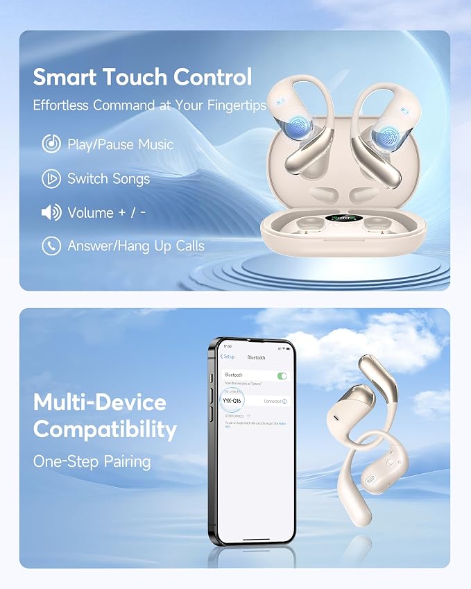 Paekole Ultra Open Ear Headphones, Over Ear Bone Conduction Earbuds with Study Work,Bluetooth Headphones 6.1 with Digital Display,60H Playtime,IP55 Waterproof, Comfort for Cycling,Running,Workout