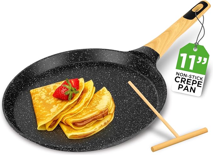 NutriChef 11” Non-Stick Crepe Pan with Wooden Spreader, Durable Marble Coated Dosa Pan, Bakelite And Wood Handle With Induction Bottom, Easy-to-Clean, Stain-Resistant (Black Marble)