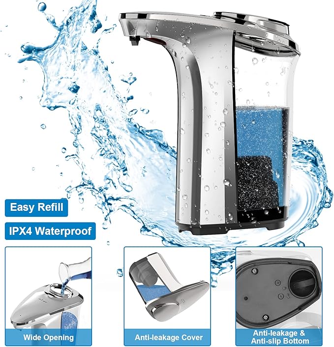 PZOTRUF Automatic Soap Dispenser, Touchless Dish Soap Dispenser 17oz/500ml with Infrared Sensor, 5 Adjustable Soap Levels, Liquid Hand Soap Dispenser for Bathroom Kitchen (Silver, 3 Pack)