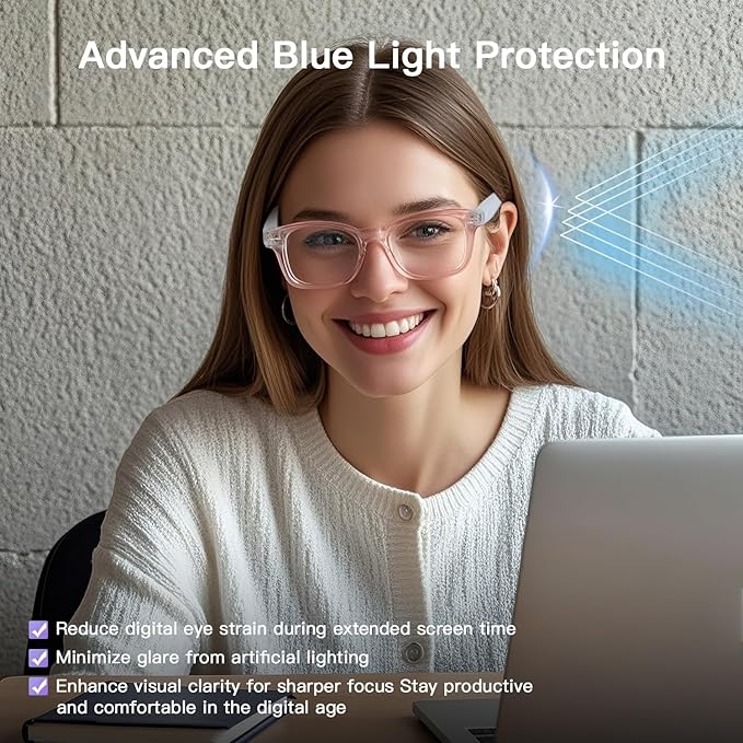Smart Glasses for Women, Open Ear Audio Bluetooth glasses with Speakers & Mic, Anti-Blue Light Lenses, Voice Assistant, Touch Control, IPX5 Waterproof, Hands-Free Calls & Music Glasses Headphones