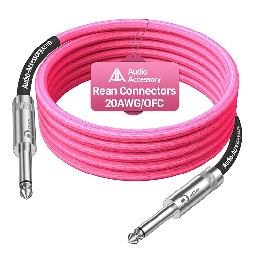 AA AUDIO ACCESSORY Guitar Cable 15 Feet, Nylon Braided Anti-Kinking Kevlar-Reinforced, 20AWG 99.99% OFC 1/4 Instrument Cable, Dual Shielded Amp Cord for Fender Electric Guitar, Neon Pink