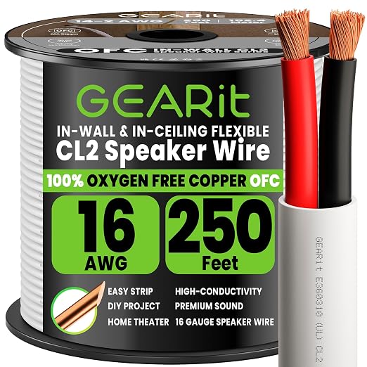 GEARit 16 Gauge Speaker Wire OFC 250 ft,OFC Speaker Wire 16 AWG UL CL2 Rated,16 AWG Copper Wire with Polarity Markings,Speaker Cable for in-Wall Home Theater,School,Church & Commercial Audio(White)