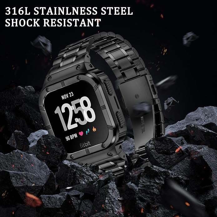 BAITEYOU Stainless Steel Watch Band with Case Compatible for Fitbit Versa/Fitbit Sense Bands, Rugged Protective Bumper Metal Wristbands for Men Women