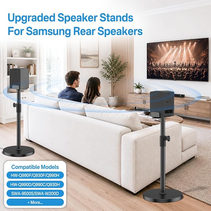 Adjustable Speaker Stand Pair for Samsung Rear Speaker Stand-Q990F/Q930F/Q990H/Q990D/Q990C/SWA-9500S/SWA-W200D, 5"–11" Dual Side Clamp, 29"–37.5" Height Adjust for Samsung Surround Sound WR Cable Mgmt