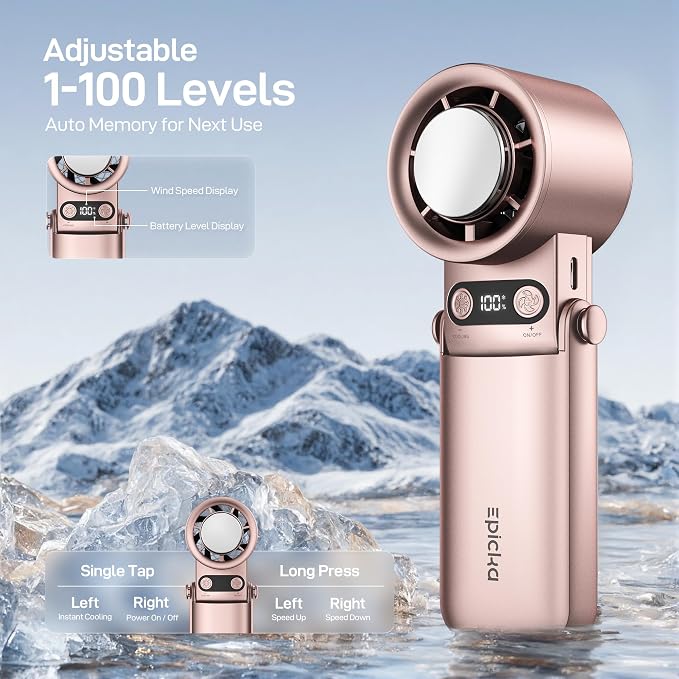 EPICKA Portable Handheld Fan with Ice Cooler - 25H Runtime, Rechargeable 6800mAh Personal Turbo Fan with Power Bank, Fast Charging, 0-100 Speed, Gifts for Women, Summer Travel Essentials, Rose Gold