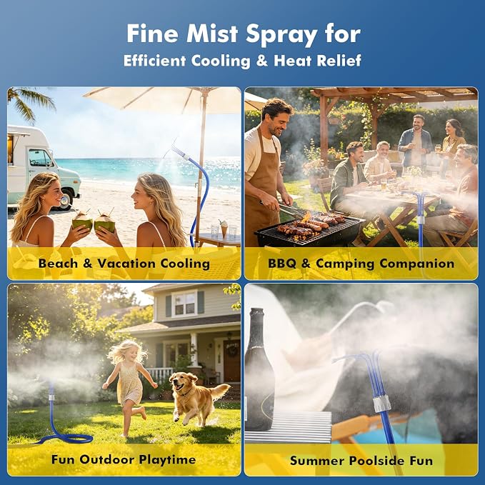 RESTMO Adjustable Standing Misters for Outside Patio, Portable Misting Cooling System with 4 Directional Nozzles, 6FT Water Mister for Hot Summer, Garden, Backyard, Beach, Camping, BBQ